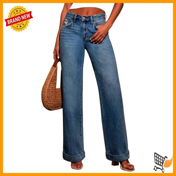 Denim - Wide Leg High Waist Stretchy Denim Jeans Straight Leg Baggy Fit